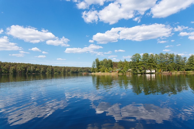 Paisaje de verano con un lago, rodeado por un bosque con una casa y un muelle en la orilla.