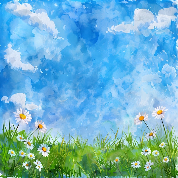 Paisaje de verano con margaritas y cielo azul Ilustración vectorial