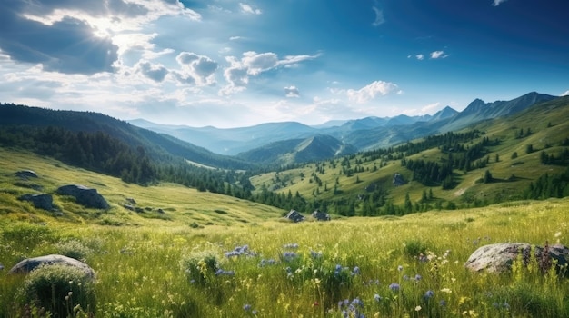 Paisaje de verano en las montañas y el cielo azul.