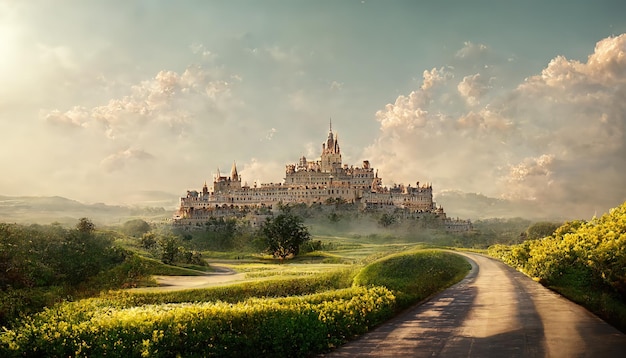 Paisaje de verano con un palacio con torres campos verdes con un camino y arbustos bajo un cielo azul ilustración 3d