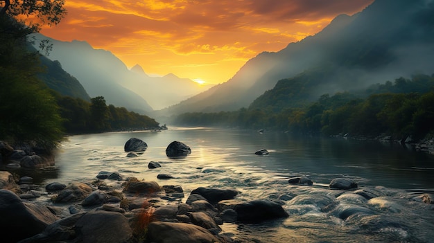 Paisaje de verano con un río de montaña contra el telón de fondo de las montañas durante la puesta de sol