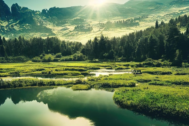 Paisaje de verano un valle con un lago mece un campo verde con hierba exuberante y un estanque bajo un cielo azul