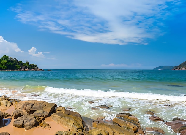 Paisaje de verano vista frontal panorama tropical playa rocosa cielo azul fondo de arena blanca