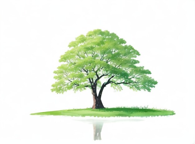 Paisaje verde de acuarela transparente con árbol solitario