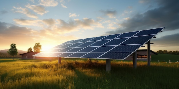 Paisaje verde del amanecer complementado con paneles solares Creado con tecnología de IA generativa