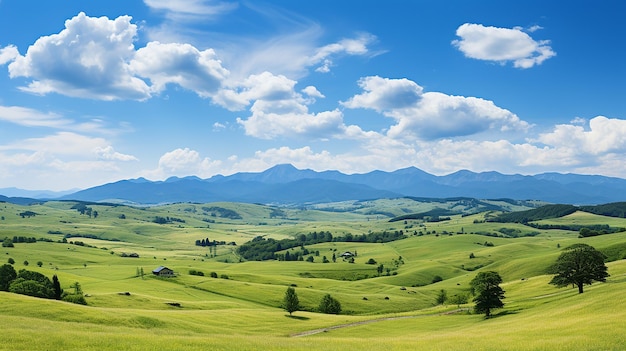 un paisaje verde con un árbol y nubes en el fondo