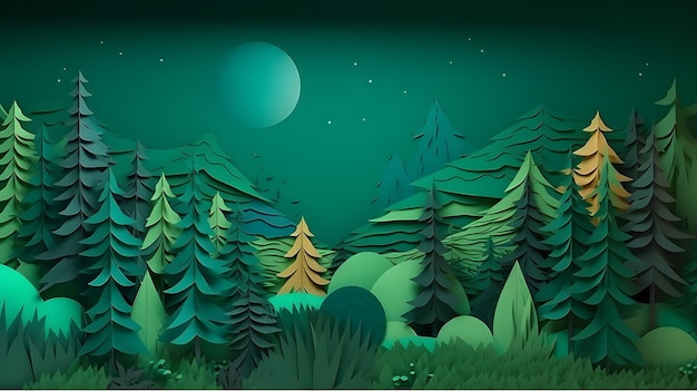 Un paisaje verde con árboles y la luna al fondo.