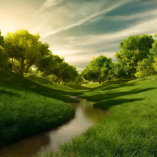 Foto un paisaje verde con un arroyo corriendo a través de él