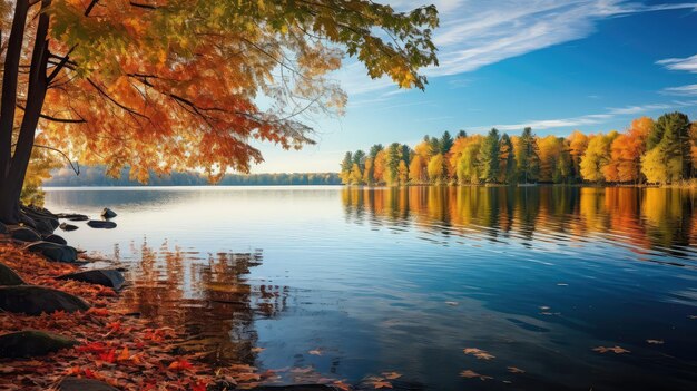 Paisaje verde de bosque, lago y otoño