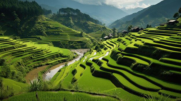 El paisaje verde de los campos de arroz