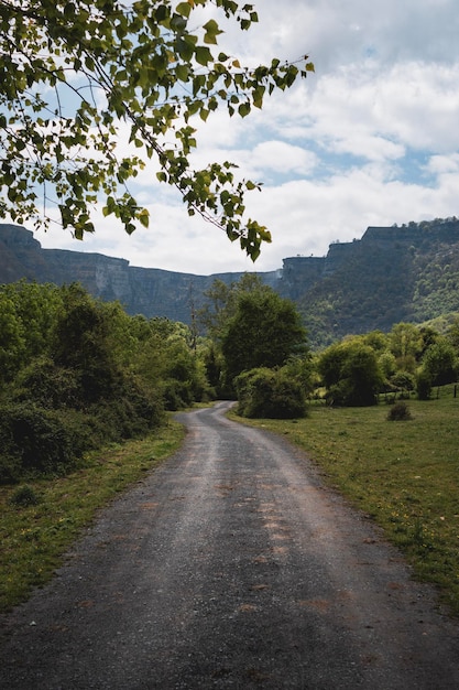 Foto paisaje verde de una carretera que conduce a la montaña gorobel donde se encuentra la cascada nervion