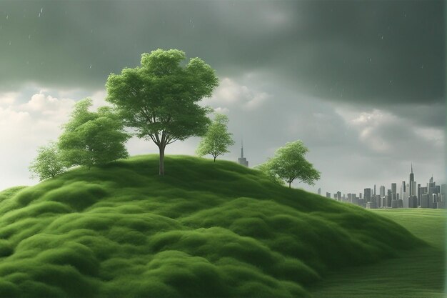 Paisaje verde y ciudad verde nublada en el Día Mundial del Medio Ambiente