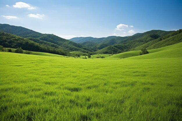 Un paisaje verde con colinas onduladas y un cielo azul