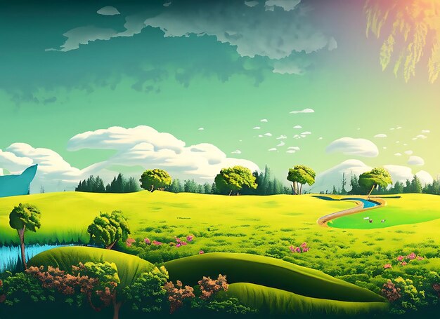 Paisaje verde en un día despejado concepto ambiental detallado coloreado