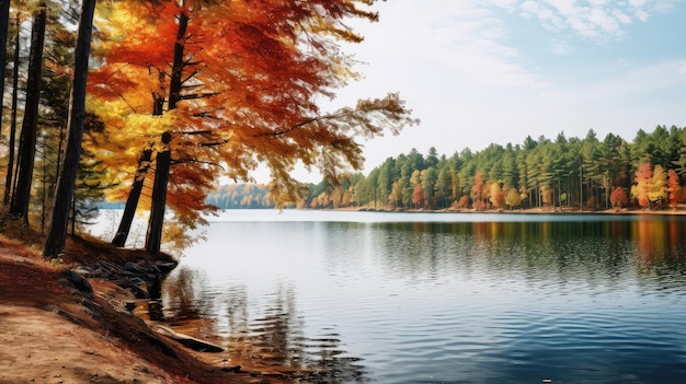 Paisaje verde del lago en otoño