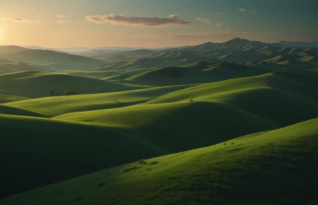 Un paisaje verde con un paisaje verde y un campo verde con una montaña en el fondo