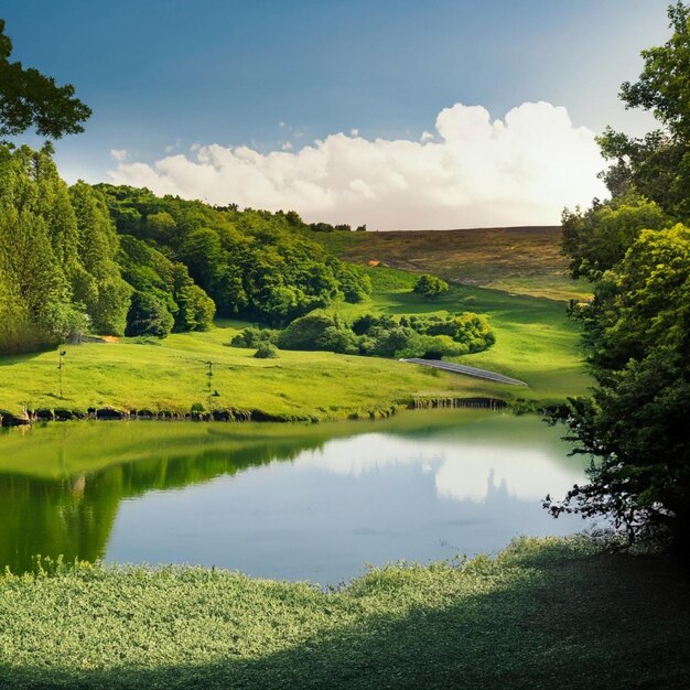 paisaje verde con un pequeño lago