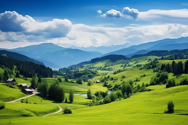 Un paisaje verde con un río y montañas al fondo.