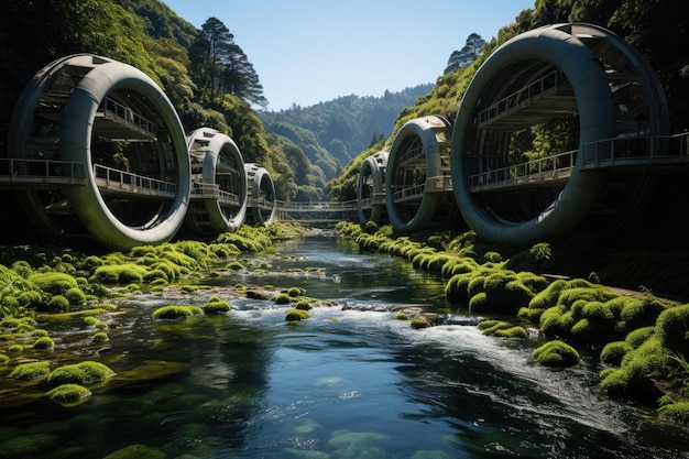 Paisaje verdezante con turbinas que capturan ríos generando energía IA