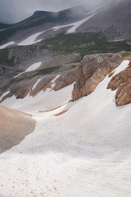 Foto paisaje vertical con un desfiladero de montaña con un glaciar derretido en el interior