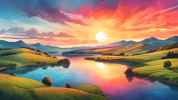 Un paisaje vibrante de colinas onduladas y un lago tranquilo iluminado por una brillante ilustración de puesta de sol