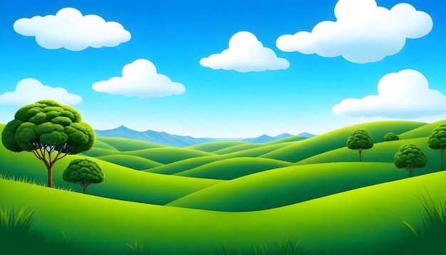 Foto paisaje vibrante de colinas verdes y soleadas con colinas de hierba ondulante bajo un cielo azul claro