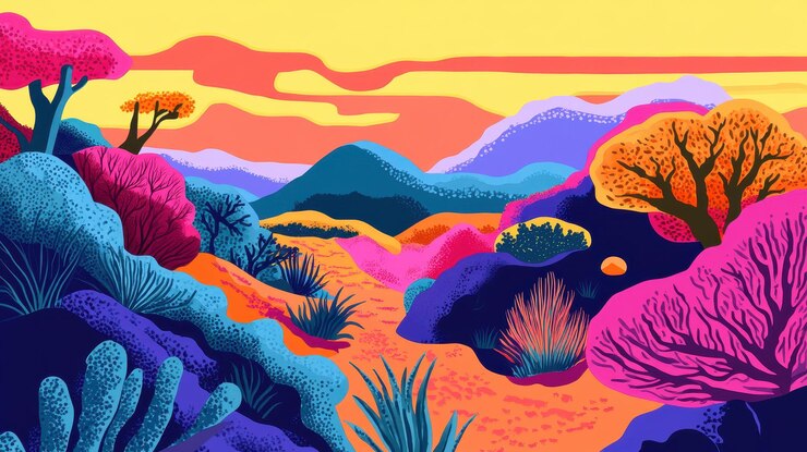 Un paisaje vibrante y colorido con árboles y colinas singulares