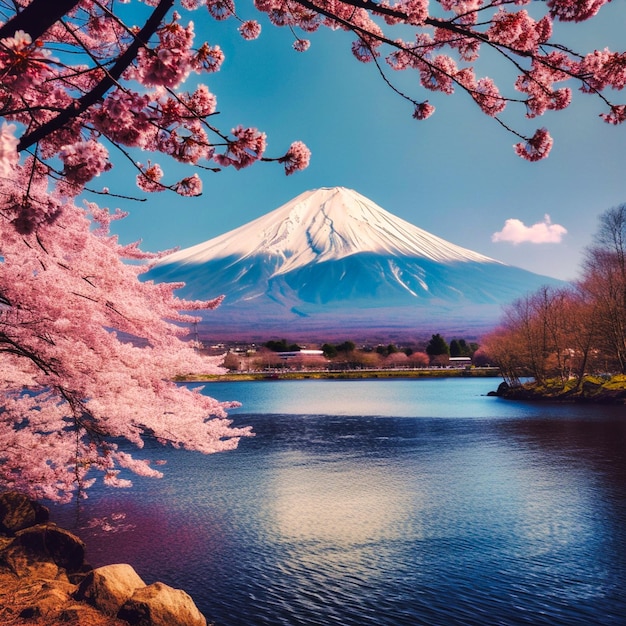 Foto el paisaje vibrante de japón, la flor de cerezo de la montaña fuji, el lago kawaguchi, la ia generativa.