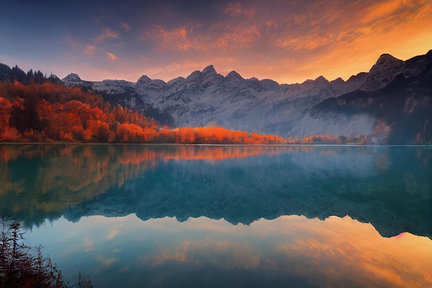 Paisaje de vida silvestre de otoño con lago de montaña de espejo