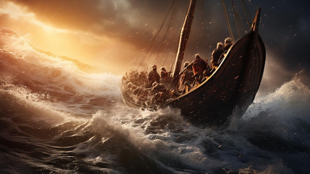 Paisaje vikingos en un barco en un océano de velocidad con luz dramática