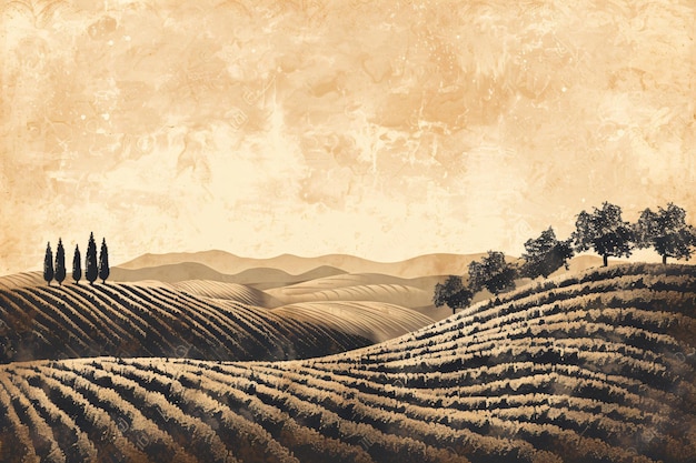 un paisaje con un viñedo al fondo