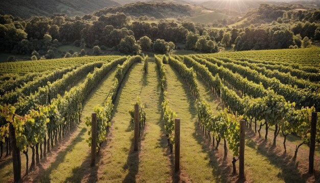 Paisaje de viñedos al atardecer Campos verdes con hileras de vides IA generativa