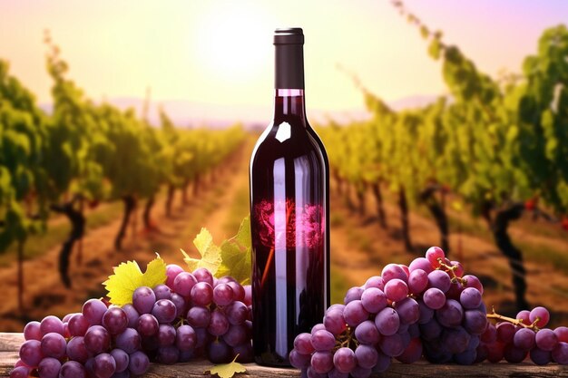 Paisaje de viñedos con filas de vides y una botella de jugo de uva