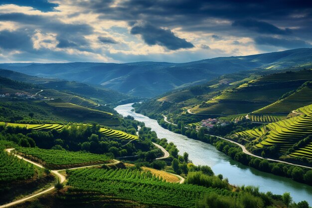 Foto paisaje de viñedos y río douro cerca de vila nova de foz coa