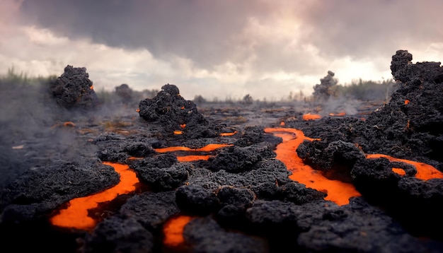 Paisaje volcánico apocalíptico con lava caliente y nubes de humo y ceniza ilustración 3D