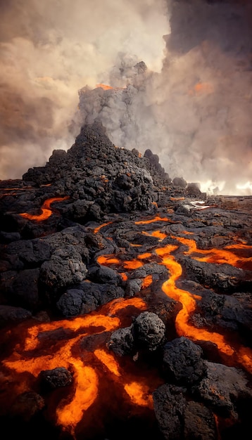 Paisaje volcánico apocalíptico con lava caliente y nubes de humo y ceniza ilustración 3D