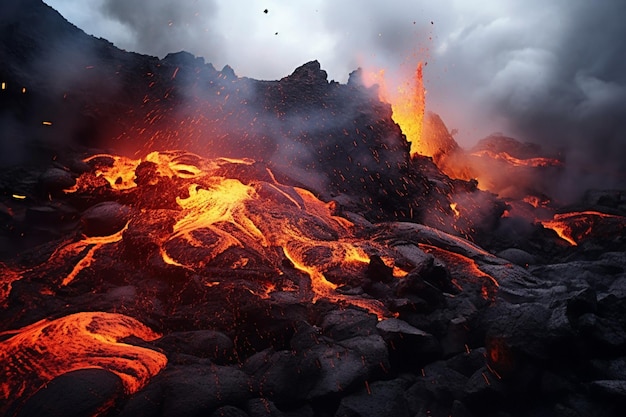 Paisaje volcánico dinámico con respiraderos de vapor y campos de lava