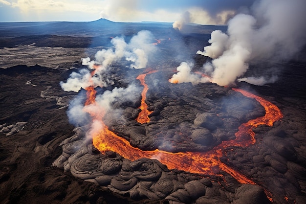 Paisaje volcánico dinámico con respiraderos de vapor y campos de lava