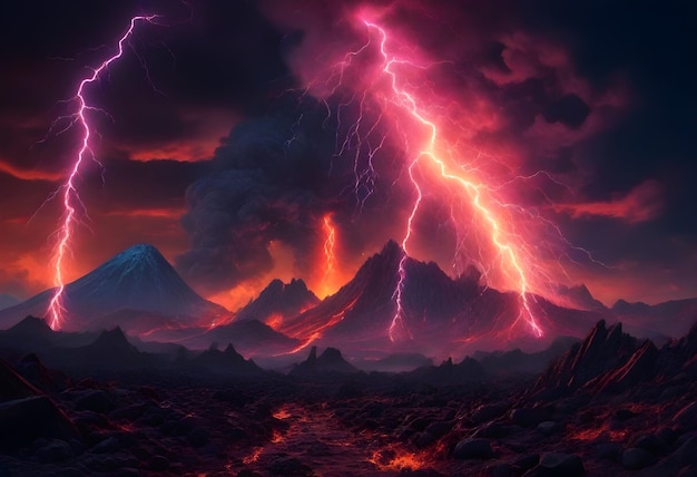 Paisaje volcánico con múltiples volcanes en erupción flujos de lava y un cielo dramático