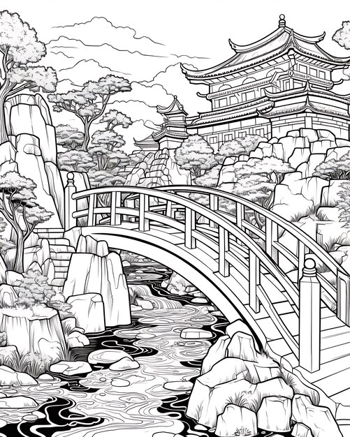 Paisaje Zen con fuente y puente 1