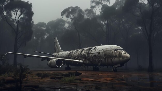 Paisajes delicadamente representados Un avión blanco inspirado en el realismo oscuro