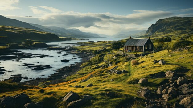 Paisajes delicadamente representados Un techo verde en una casa vieja