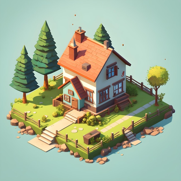 paisajes de estilo de dibujos animados de pequeñas casas isométricas creados utilizando herramientas de IA generativas