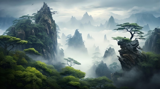 Paisajes de fantasía exótica Arte de montaña místico y papeles de pared inspirados en el Zen