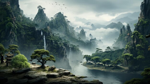 Foto paisajes de fantasía exóticos karst de pinos en hongqiao china