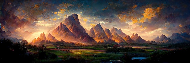 Paisajes de montaña, naturaleza, viajes, hermoso cielo, verano, puesta de sol. Ilustración digital, pintura