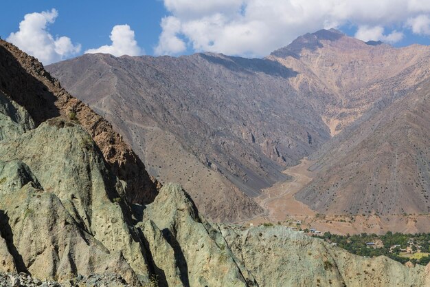 Paisajes de las montañas Hindukush. Cordilleras, gargantas, río, valles, pueblos. Pakistán