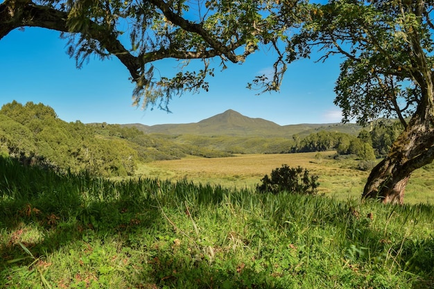 Paisajes montañosos panorámicos contra el cielo Colina Mugi en la ruta de Chogoria Parque Nacional del Monte Kenia