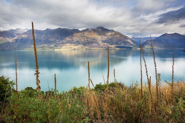 Paisajes naturales asombrosos en Nueva Zelanda. Lago de las montañas al atardecer.