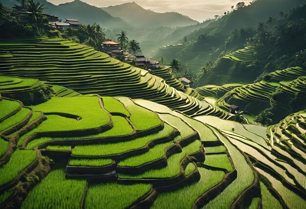 Foto paisajes pacíficos de un exuberante campo de arroz en terrazas en una hermosa zona montañosa